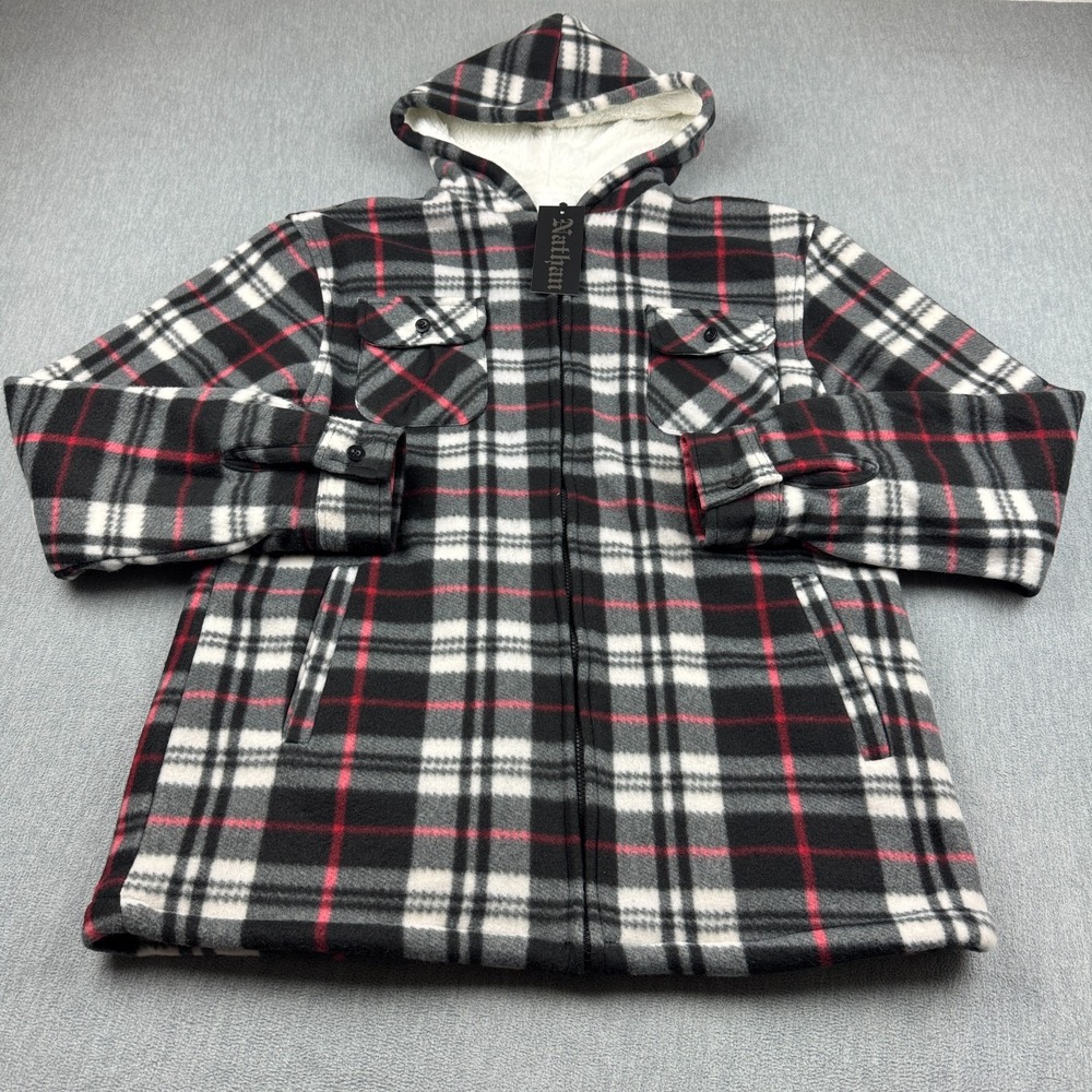Nathan Jacket Mens Large Black‎ White Plaid Fleece Sherpa Lined Full Zip Hooded